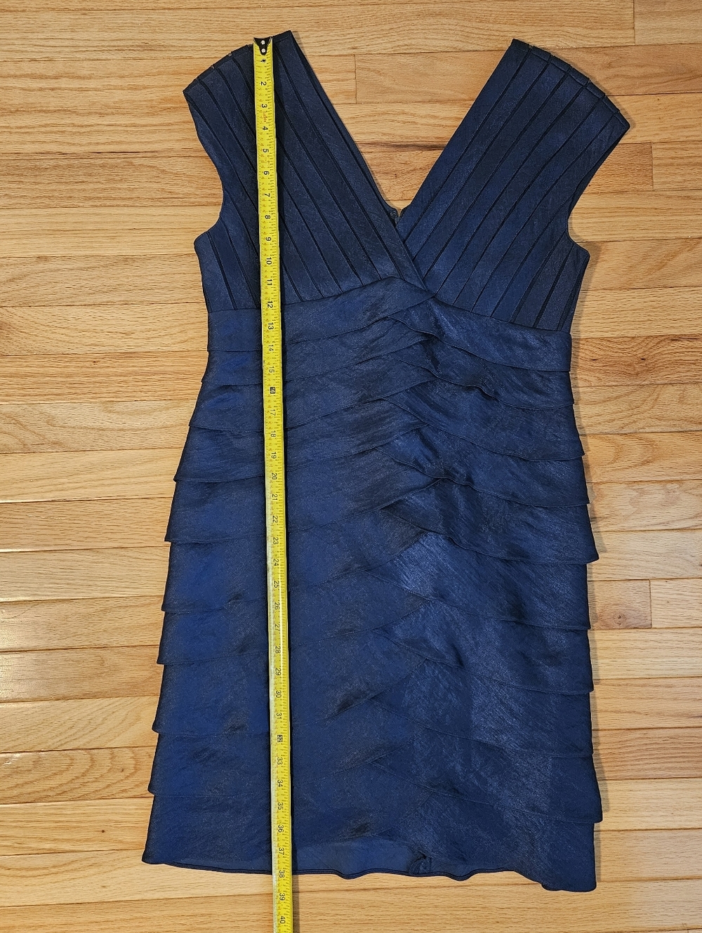 Adrianna Papell Navy Blue Layered Ruffles Mesh Sheath Dress Women's Size 14 - Picture 6 of 7